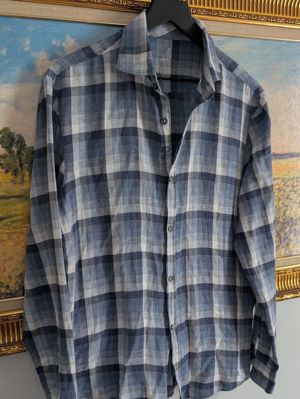 johnnie-O Blue and White Plaid Linen Summer Shirt